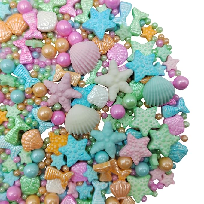 Homankit Mermaid Sprinkle Sweets Sprinkles for Baking Dessert Cupcake Cake Topper Starfish Shell Pearl Mermaid Candy Mix 3.53 Ounces Multicolor