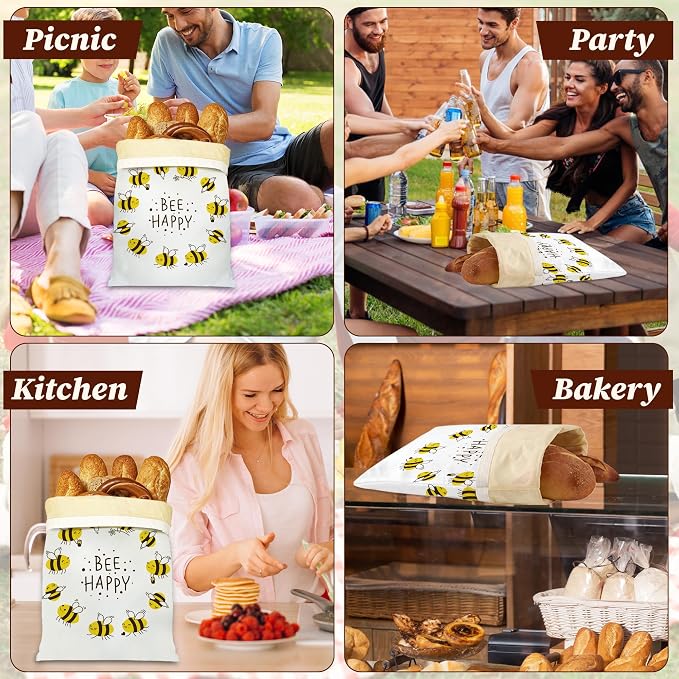 Beeswax Bread Bags, 2 Pack for Homemade Bread and Sourdough Storage | Bee Happy, Reusable Polyester Bread Storage With Beeswax Coating And Snap Closures