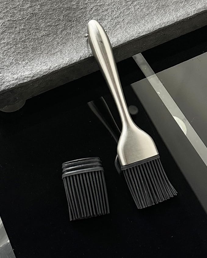 Stainless Steel Basting Pastry Brush 7.87in Heat-Resistant Cooking Brushes with Back up Silicone Brush Heads for BBQ, Baking Grilling