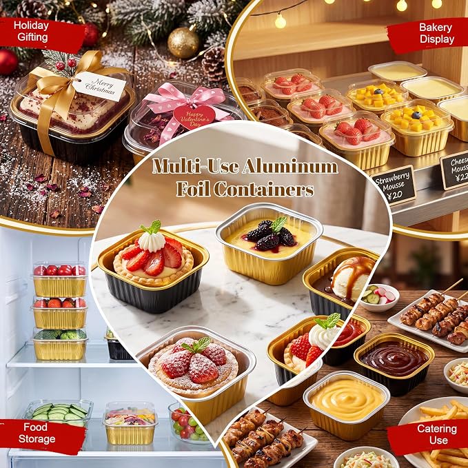 200 Pack 5 oz Mini Cake Pans with Lid, Aluminum Foil Mini Baking Tins, Square Disposable Cupcake Baking Cup Dessert Container for Wedding Birthday Party Picnic(Black, Gold, Classic)