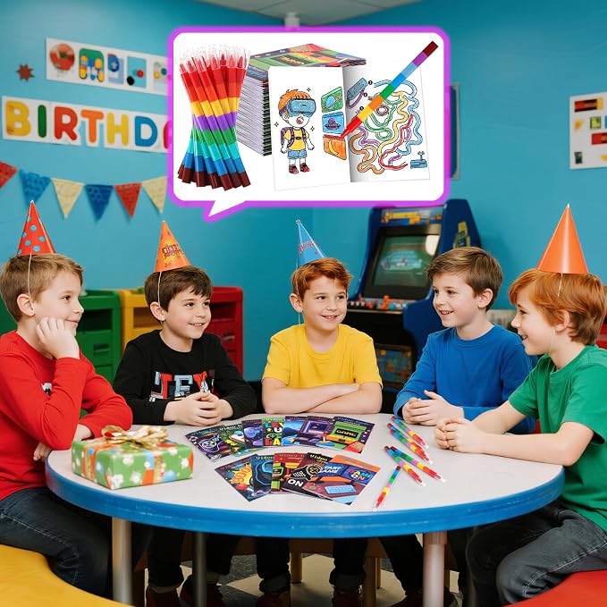 BenLouis 12 Video Game Mini Coloring Books Kids with 12 Stacking Crayons Gaming Party Favors Small Activity Books Bulk for Kids Boys Neon Game Level Up Party Gift Goodie Bag Stuffers