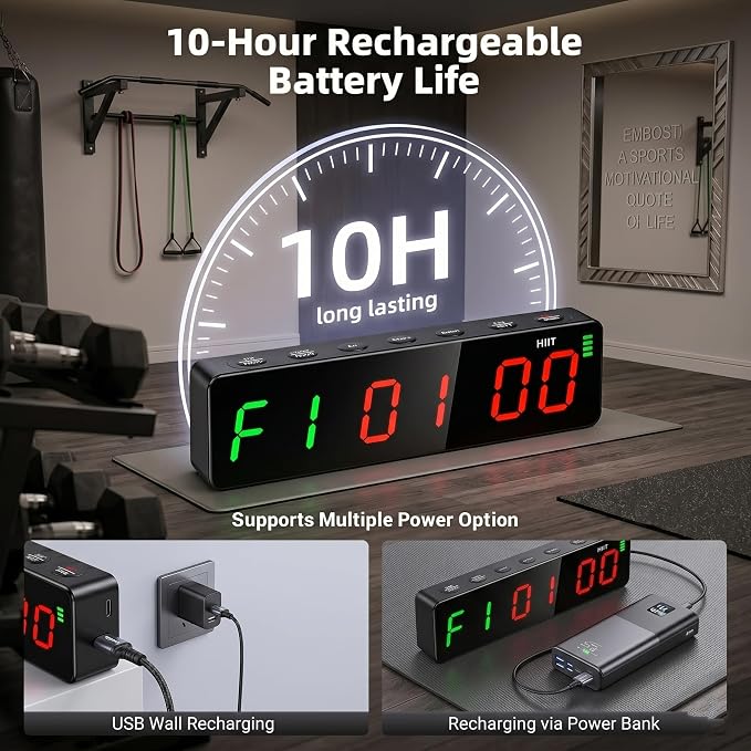Gym Clock Workout Timer Clock for Home Gym, 7-Inch LED Gym Exercise Interval Timer with Strong Magnet, Rechargeable Battery, 5-Level Brightness for HIIT, Tabata, Boxing & Garage Workouts