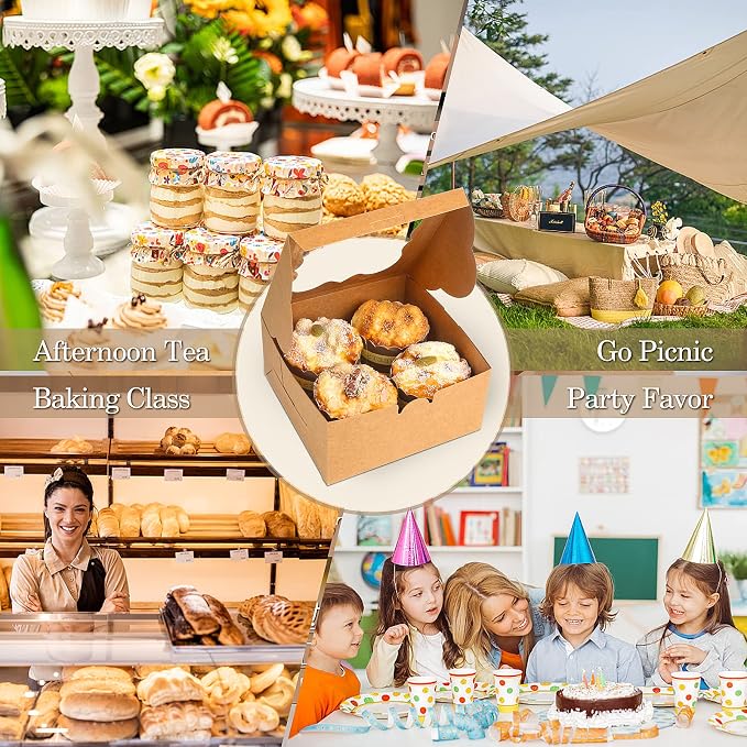 KPOSIYA 65PCS Bakery Boxes with Window 6x6x3 Inches 5 Style Cookie Boxes Small Pastry Boxes for Candy, Dessert, Pastry, Donuts, Birthday Party, Wedding(Brown)