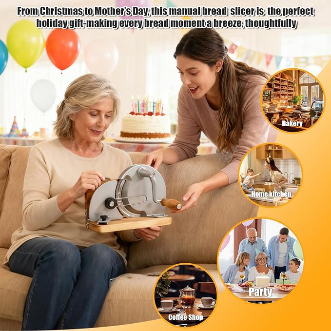 Manual Bread Slicer,Multi-Functional Foldable Hand-Cranked Bread Slicer with Steel Guard Plate and Non-Slip Base Pad Features Adjustable Thickness with Scale Lines for Even slicing Homemade(Gray)