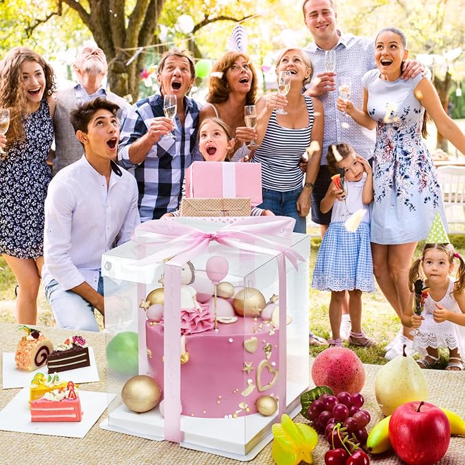 8x8x10Inch Tall Cake Boxes, 5 Pack Bakery Boxes for Tier Cakes, Disposable Cake Bakery Box with ribbon, Clear Cake Box for Pastry Wedding Birthday