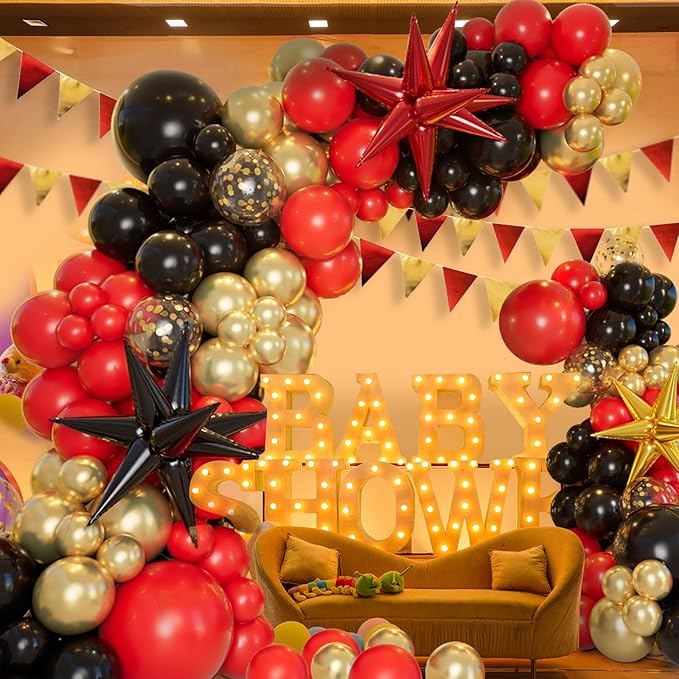 Bonropin 161pcs Red Black and Gold Balloons Garland Arch Kit with 5/10/12/18in Red Black Gold Balloons Explosion Star Balloons for 2025 Graduation Anniversary Casino Wedding Birthday Party Decorations
