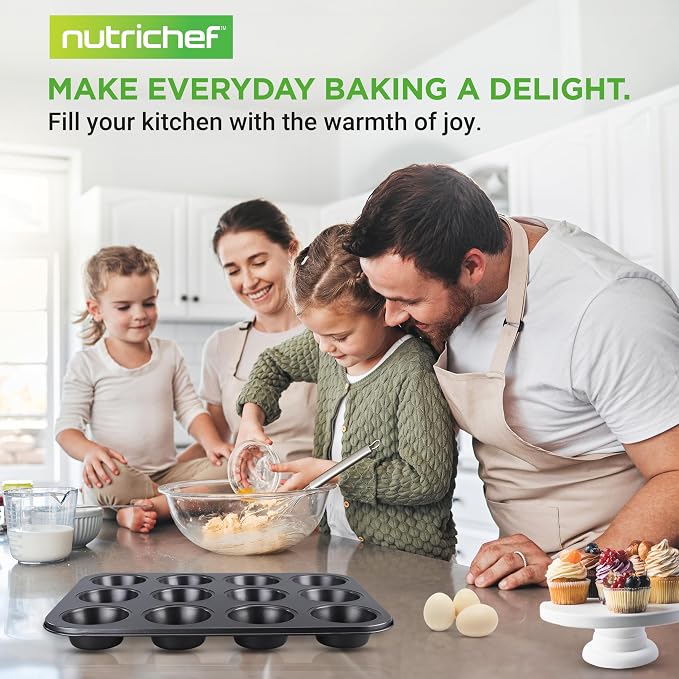 NutriChef 13” Non-Stick Muffin Baking Pan - Premium Dark Gray Carbon Steel Bake Tray, Commercial Grade Restaurant Quality Metal Bakeware - Dishwasher Safe
