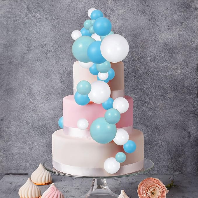 Gyufise 30Pcs Colorful Balls Cake Topper Mini Balloon Cupcake Toppers DIY Foam Ball Cake Insert Decoration for Wedding Baby Shower Birthday Party Decorations Supplies Deep Blue Light Blue White