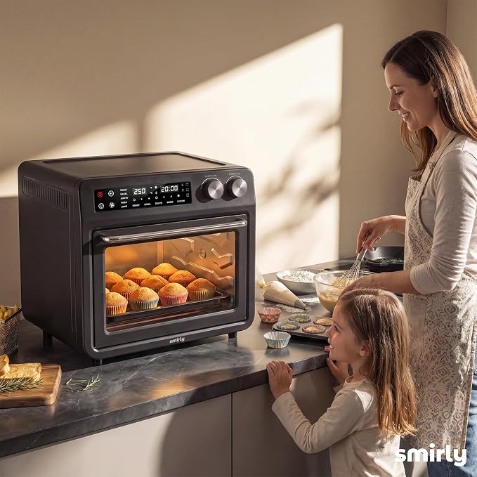 SMIRLY Digital Air Fryer Toaster Oven Combo, 25L Convection Countertop Oven, 10-in-1 Multi-Function Fits 12" Pizza & 6 Slices of Toast, Stainless Steel, Black