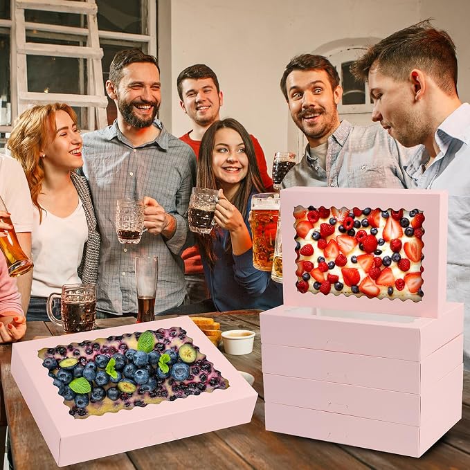 Cookie Boxes,14x10x2.5 Inch Large Bakery Boxes with Window for Pies Chocolate Strawberries Muffins Donuts Pastry Dessert Christmas(Pink, 14 * 10 * 2.5inch/24pcs)