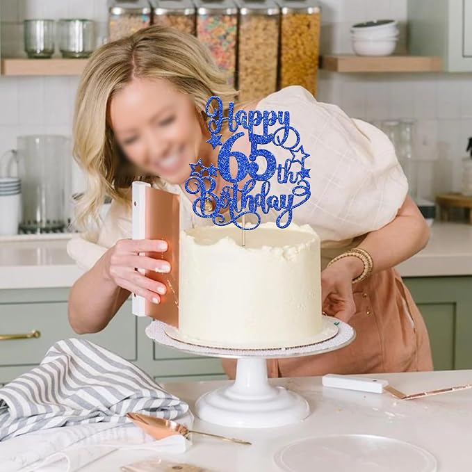 1 PCS Happy 65th Birthday Cake Topper Glitter Cheers to 65 Years Birthday Cake Pick Hello 65 Fabulous Cake Decoration for Happy 65th Birthday Anniversary Party Decorations Supplies Blue