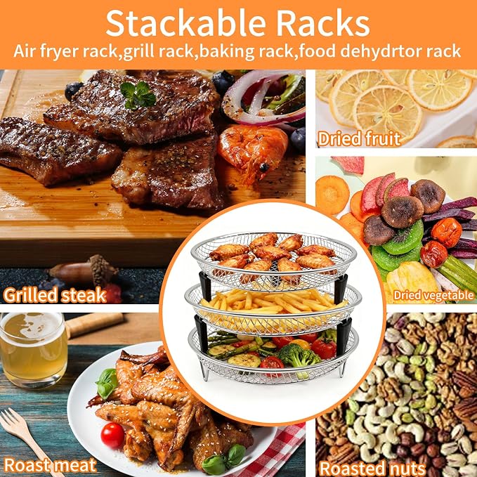 3 Layers Stackable Air Fryer Rack, 8 Inch Round Food Grade Stainless Steel Dehydrator Rack Mesh Tray Set, Fits Inner Diameter ≥8.6 Inch