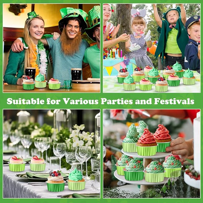 200 Pack Aluminum Foil Cupcake Liners with Lids, 5 oz Round Baking Cup, Disposable Ramekin Container for Graduation Wedding Independence Day Party(Green Set,Plain)