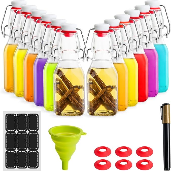 WILLDAN 4oz-6 Pack Swing Top Glass Bottles - Flip Top Brewing Bottles For Kombucha, Kefir, Vanilla Extract, Mead, Vinegar, Beer- Airtight Stopper Lids - Comes With Extra Gaskets, Funnel and Labels