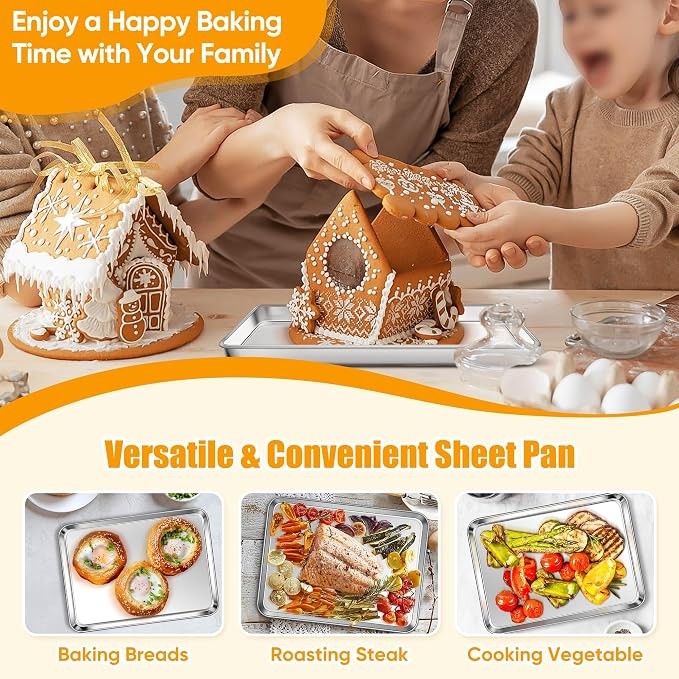 Homikit 4 Pack Baking Sheet, 9 x 7 Inches Stainless Steel Cookie Tray Set for Cooking Toasting, Mini Metal Cookie Toaster Oven Baking Pan Non Stick, Rustproof & Mirror Finish, Dishwasher Safe