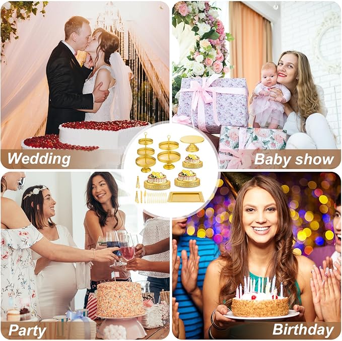 Wenqik 21 Pcs Gold Cake Stand Set Metal Dessert Display Set Tiered Cupcake Holder Square Serving Trays Round Tower Tray Platter for Wedding Birthday Party Celebration (Elegant Style)