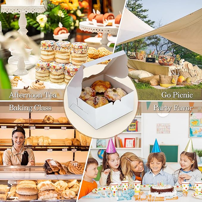 KPOSIYA 65PCS Bakery Boxes with Window 6x6x3 Inches 5 Style Cookie Boxes Small Pastry Boxes for Candy, Dessert, Pastry, Donuts, Birthday Party, Wedding(Silver)