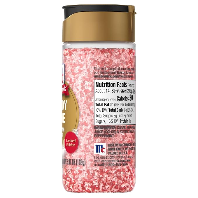 McCormick Finishing Sugar, Candy Cane, Limited Edition, Sweet Peppermint, Iconic Holiday Flavor, For Hot Chocolate, Chocolate Fudge, Bark, Cocktails, and More, 3.81 oz