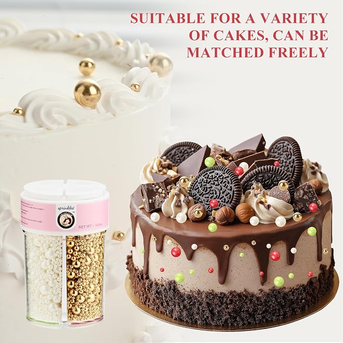 Homankit Edible Pearl Sprinkles for Baking, Red White Green and Gold Sugar Pearls Cake Decorations for Cupcake Toppers Cookie Decorating Birthday Party Wedding Christmas Winter Supplies