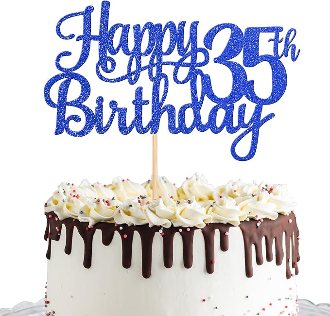 1 PCS Happy 35th Birthday Cake Topper Glitter Cheers to 35 Years Birthday Cake Pick Thirty Five 35 Fabulous Cake Decoration for Happy 35th Birthday Theme Party Decorations Supplies Blue