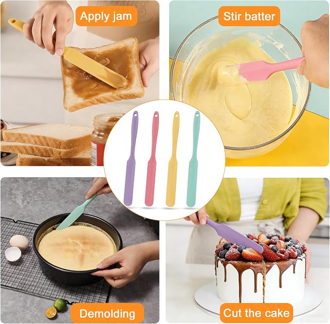 4 Pcs Silicone Jar Spatula Set, Sourdough Scraper, Spatulas for Bottles | Long Handle, Food-Grade Silicone, Mini Spatula for Containers, Baking, Cake Cream, Containers, Bottles, Dishwasher Safe