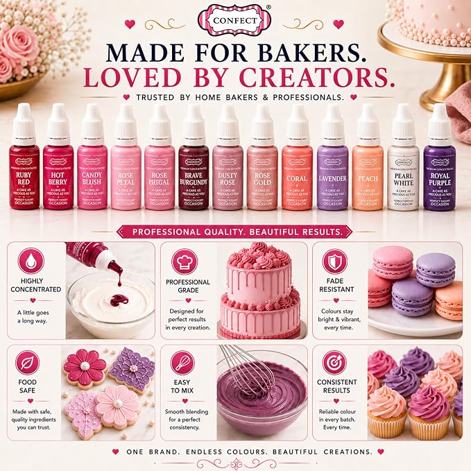 Confect Valentine – Love Palette Gel Food Coloring Set – 12 Highly Pigmented Colors for Buttercream, Cakes, Cookies, Macarons & Baking – 10mL Bottles