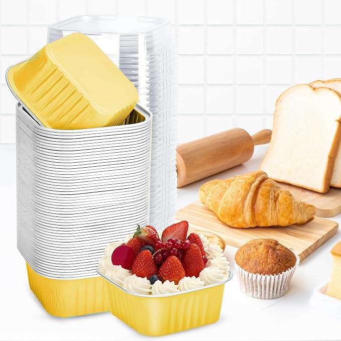 100Pack 5oz Gold Mini Cake Pans with Lids Baking Cups Aluminum Foil Pans Tins, Individual Dessert Cups Containers for Sales,Party,Picnics