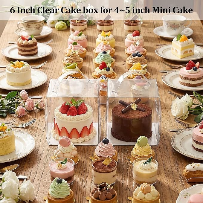 Lawei 50 Pack Clear Cake Boxes with Handles, 6x6x6 Inch Square Transparent Bakery Box for 4-5 Inch Mini Cakes, Pastries, Donut, Treat Boxes, Gift Packaging Display Box for Wedding, Birthday, Party