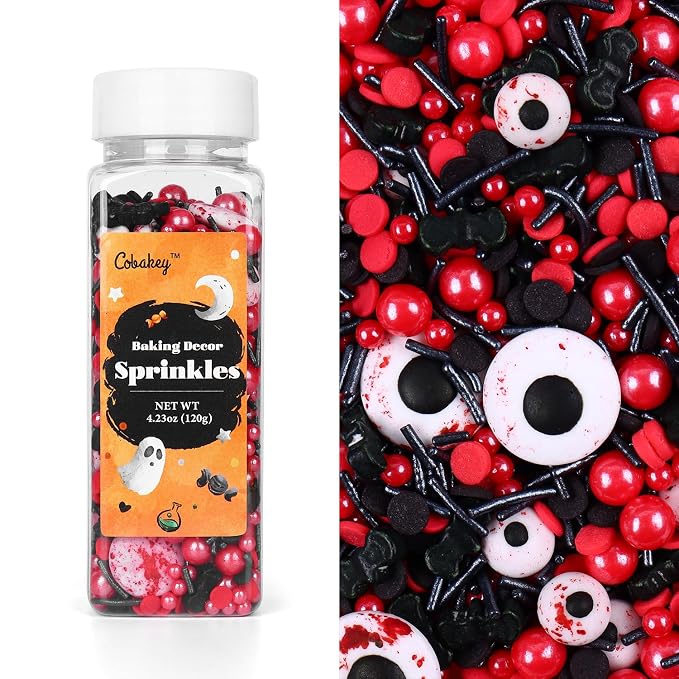 Eyeball Sprinkles for Cake Decorating, Black & Red Pearl Sprinkles with Black Bats & Eyeball Candy, Perfect for Halloween Dessert Party 4.23 Ounce