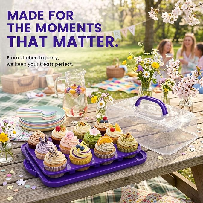 VGOODALL Cupcake Carrier, Rectangle Cake Plate with Lid, 12 Capacity Cup Cake Portable Container Dessert Holder with Handle for Family Picnics and Party Events, 2-in-1 Design, Purple