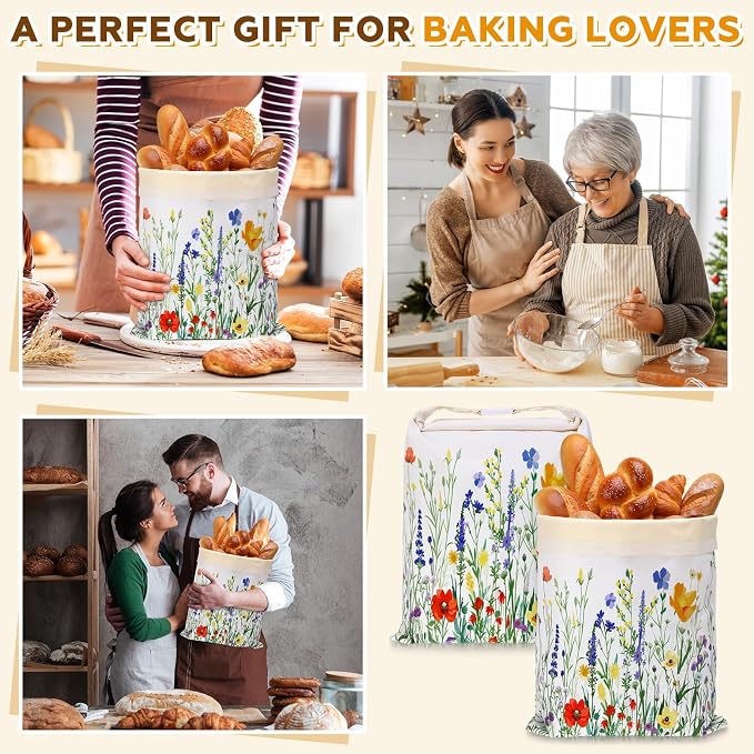 2 Pcs XL Beeswax Bread Bags for Sourdough Reusable 13” x 17” Large Bread Bags with Improved Beeswax Coating Food Wraps for Mother's Day Homemade Loaf Fresh Freezer(Wildflower)