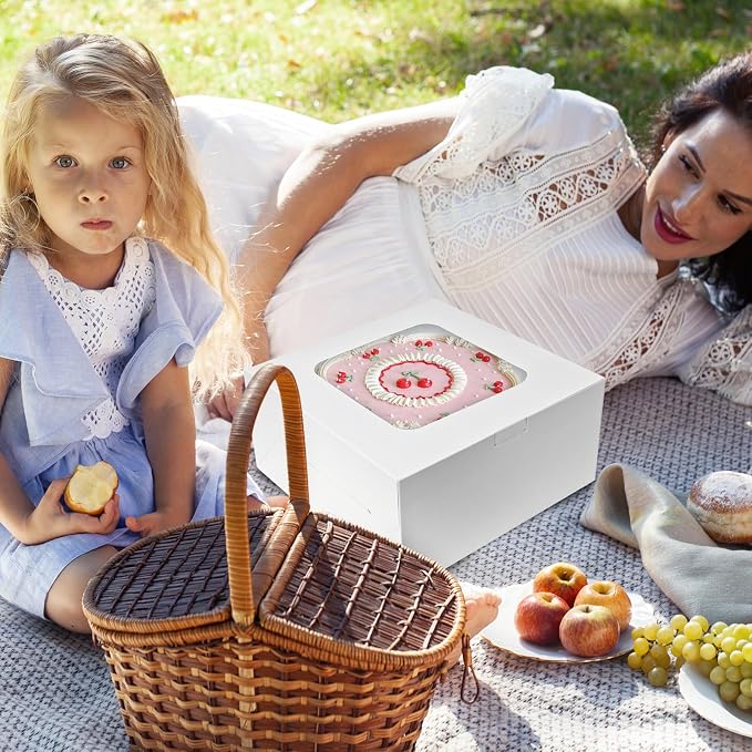 Moretoes 15 Sets Cake Boxes, 10x10x5 Inches Bakery Boxes with Cake Boards, 10 Inch with Stickers Disposable Cake Containers with Lids for Valentine's Day Mother's Day Cheesecake, Cakes
