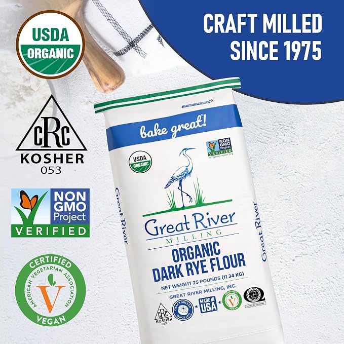 Great River Milling Organic Dark Rye Flour | Whole Grain, Non-GMO, Kosher, Unbromated | Earthy Flavor for Rye Bread, Sourdough Starter, Bagels, Crackers & Artisan Baking | 25 Lb