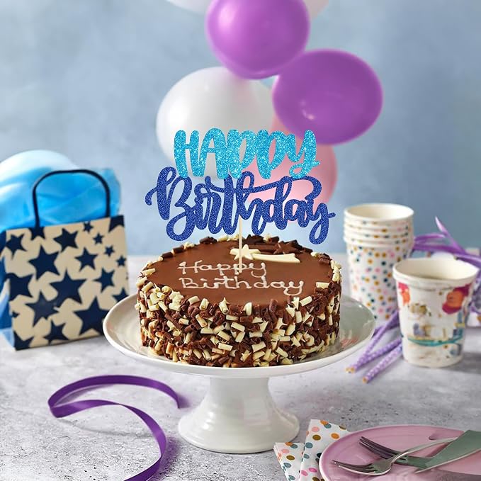 Gyufise 1Pcs Happy Birthday Cake Topper Glitter Cake Pick for Celebrating Happy Birthday Anniversary Theme Party Cake Decorations Supplies Blue