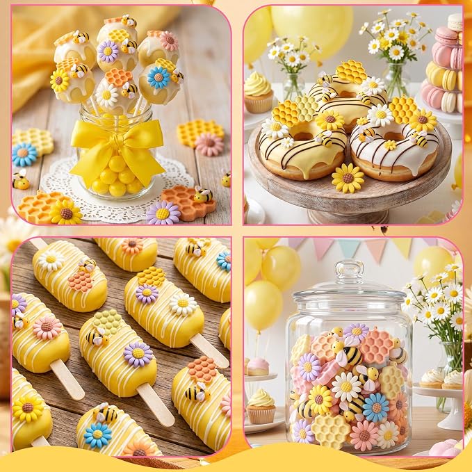 MEMOVAN Bumble Bee Silicone Mold 4Pcs Honeycomb Fondant Mold Sunflower and Bee Candy Molds Bee Hive Chocolate Molds for Cupcake Cake Decoration Dessert Chocolate Gum Paste Polymer Clay