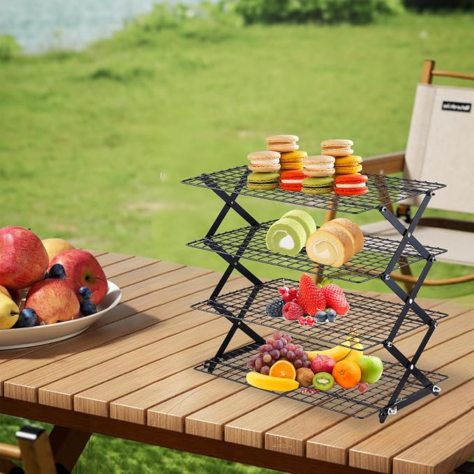 INNOVATIVE LIFE 4-Tier Collapsible Cooling Rack with 3-Setting Adjustable Design, Space Saving Metal Food Display Stand, Stackable Multi-Purpose Roasting Cooling Rack for Baking Cooking Cookies Picnic