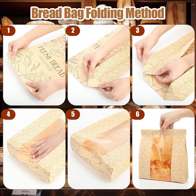 Feifeiya 250 Set Bread Paper Bags for Homemade Sourdough Kraft Bread Bags with Clear Window Seal Stickers 14'' x 8.3'' x 3.5'' Large Bakery Packaging for Storage Baked Goods Cookies