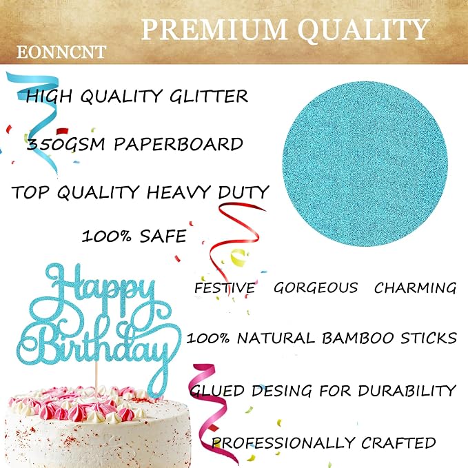 Happy Birthday Cake Topper - Sky Blue Glitter Birthday Party Cake Decoration Supplies, Photo Booth Props