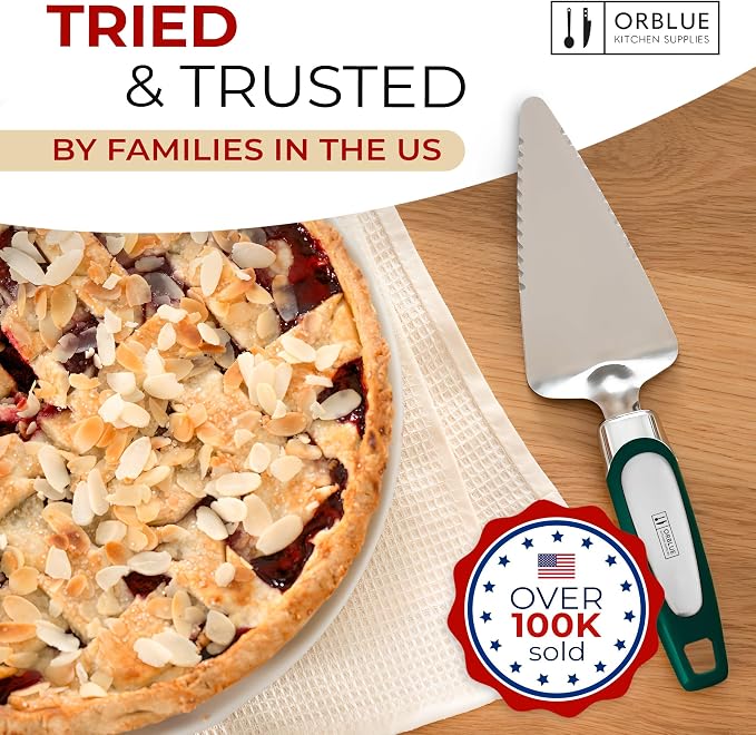 Orblue Pie Server, Essential Kitchen Tool, Serrated on Both Sides, Great for Right or Left Handed Chef, Stainless Steel Flatware, Cake Cutter, Dark Green