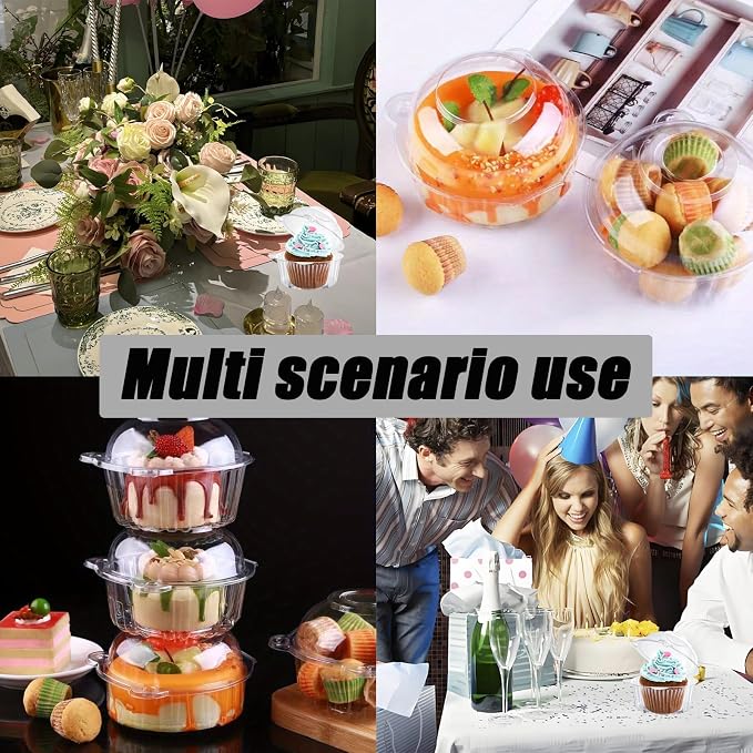 100pcs 3.86x3.86x3.15in Clear Clamshell Containers - BPA-Free Plastic Cupcake Boxes for Mini Bundt Cakes, Cake Slices & Desserts (Dome Lids, Bulk Pack) for Home & Events
