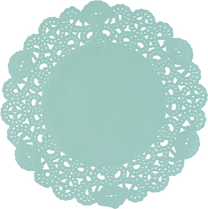 Pastry Tek 6 x 6 Inch Paper Lace Doilies, 100 Disposable Table Doilies - Elegant Lace Finish, Long Lasting, Teal Paper Doily, for Pastries, Cupcakes, Desserts - Restaurantware