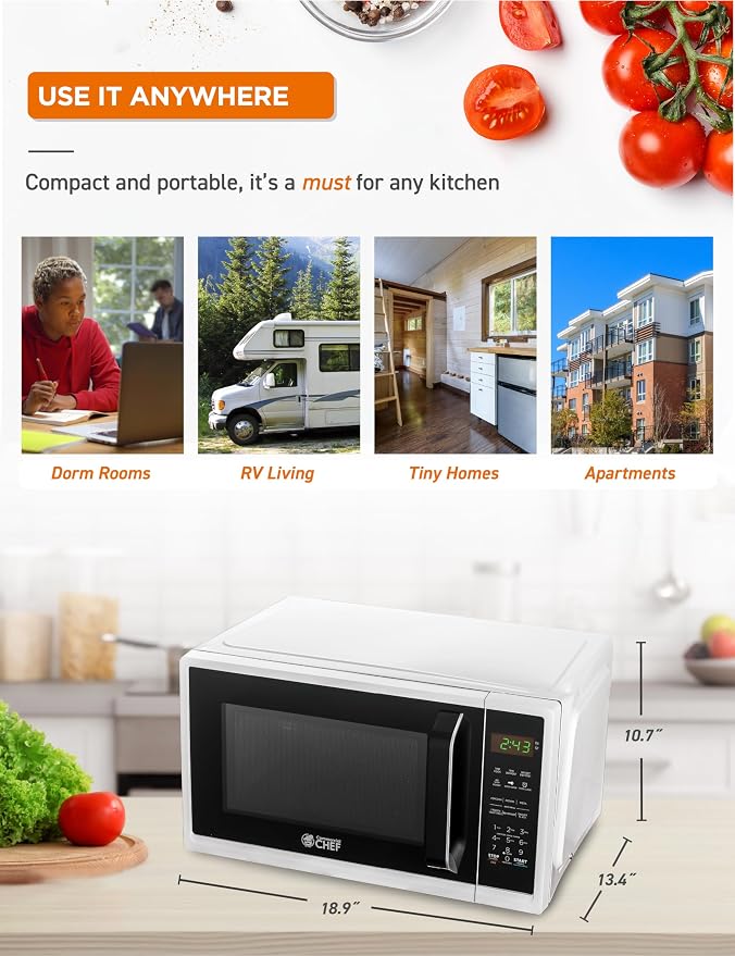 COMMERCIAL CHEF 0.9 Cubic Foot Microwave with 10 Power Levels, Small Microwave with Grip Handle, 900W Countertop Microwave with Digital Display, Door Lock and Kitchen Timer, White