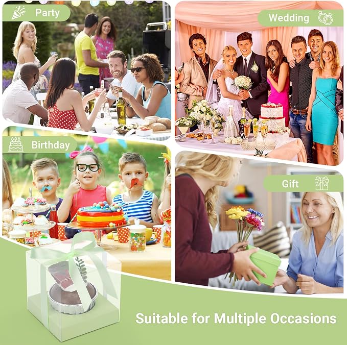 EUSOAR Cupcake Boxes, 12 Pcs 3.5 Inch Dessert Pastry Individual Cupcake Containers Transparent with Ribbon, Clear Muffins Gift Holder Disposable Cake Carrier for Wedding Party Favor Bakery-Light Green