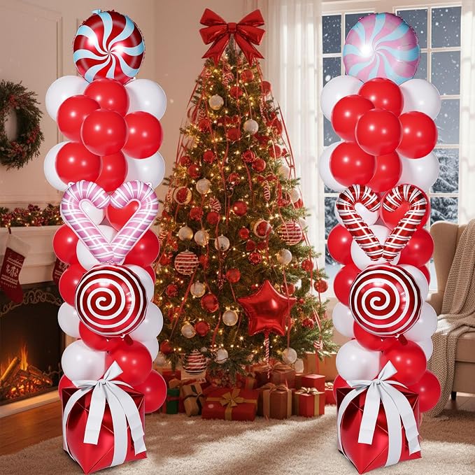 Skylety 2 Sets Balloon Column Stand Kit Balloon Tower Stand with Bases for Birthday Wedding Anniversary Graduation Party Baby Shower Decorations Supplies(Christmas,Red White Pink)