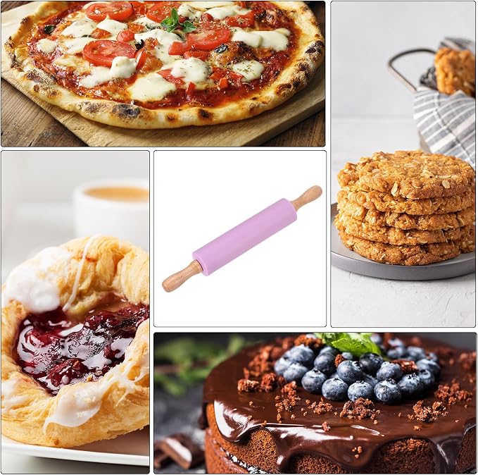 HARFINGTON Silicone Rolling Pins for Baking 12.2 Inch Non-Stick Silicone Surface Wooden Handle Rolling Pin Small Roller Playdough Rolling Pins for Fondant Kitchen Dough Pizza, Purple