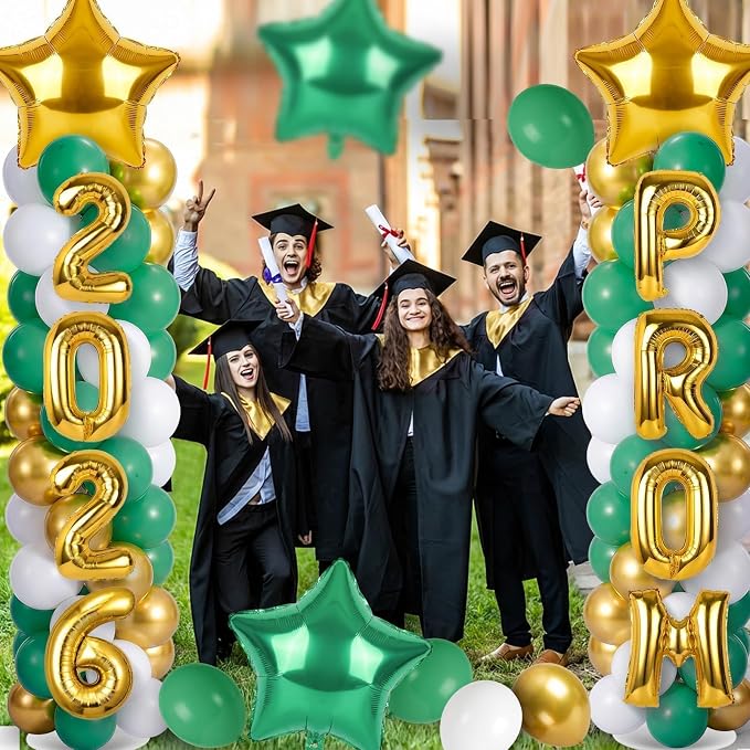 2 Sets Graduation Balloon Column Stand Kits with 132 PCS Green Gold White Latex Balloons 2026 Letters 6.5 Ft Adjustable Metal Tube Telescopic Tower Pillar with Base for Graduation Party Decoration