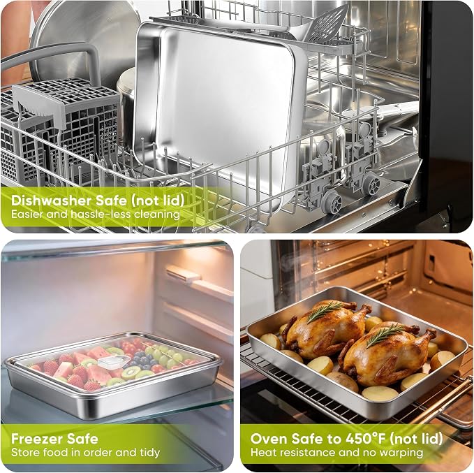 E-far Lasagna Pan with Lid, Stainless Steel Rectangular Cake Baking Pan with Cover, 12⅓x9¾x2 Inch Metal Bakeware Brownie Casserole Oven Tray Sheet, Deep Side & Heavy Duty, Anti-Rust & Dishwasher Safe
