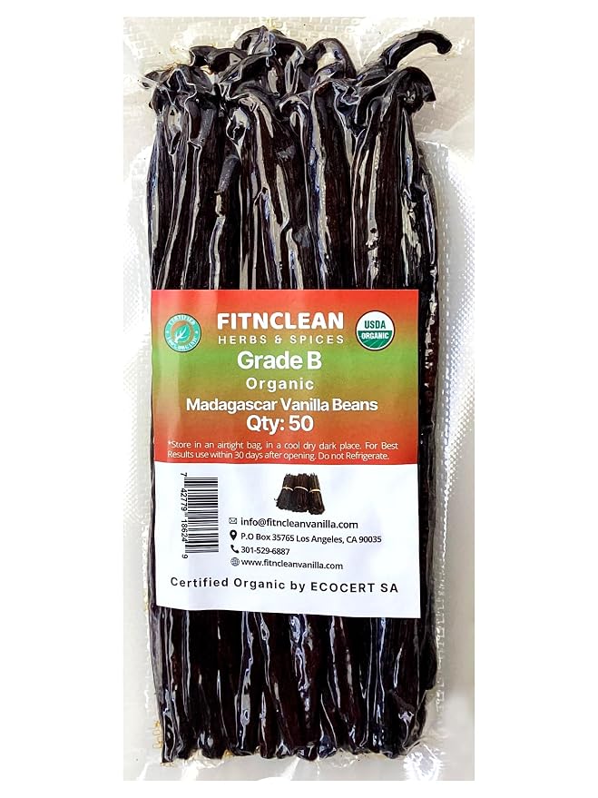 50 Madagascar Organic Vanilla Beans Grade B. Certified USDA Organic. 5"-7" by FITNCLEAN VANILLA for extract, Cooking and Baking. Whole NON-GMO Bourbon Pods