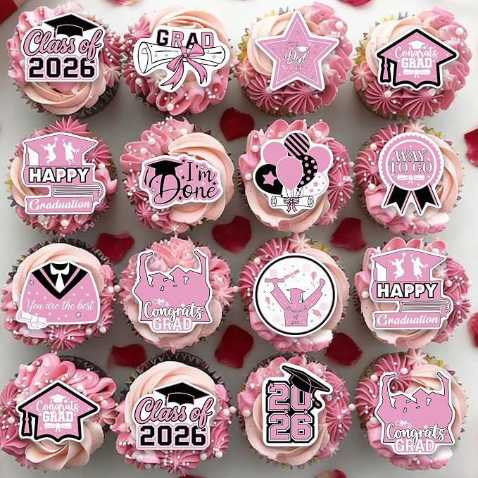 48pcs Edible 2026 Graduation Cupcake Toppers Wafer Paper Pink Class of 2026 Cake Decorations Edible Congrats Grad Cupcake Picks for 2026 Graduation Theme Party Cake Supplies