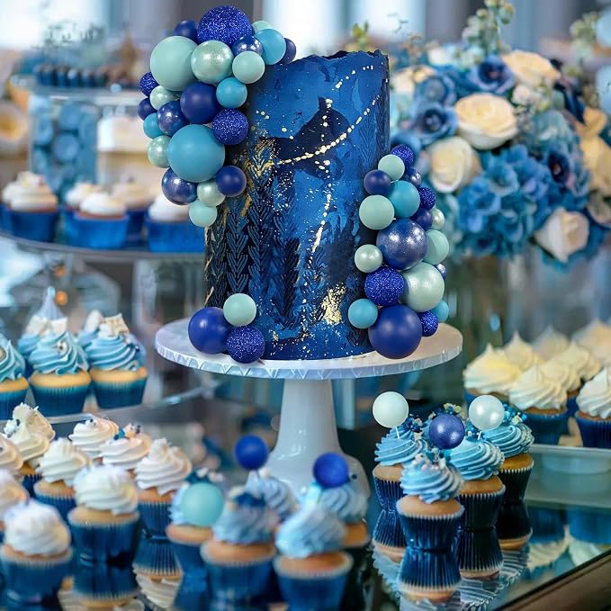 66 PCS Colorful Ball Cake Picks for Cake Decoration Blue Series with 6 Vibrant Colors Pearl Ball Shaped Cupcake Toppers for Birthday Party and Wedding Supplies